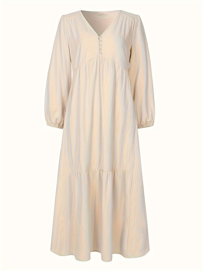 Plus Size Elegant Dress, Women's Plus Solid Button Up Lantern Sleeve V Neck Smock Maxi Dress