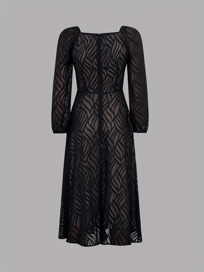 Semi-Sheer Solid Dress, Elegant Squared Neck Lantern Sleeve Dress, Women's Clothing