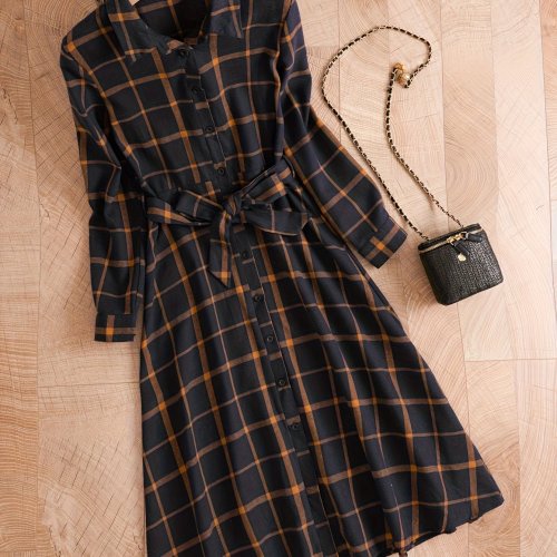 Plaid Print Button Front Dress, Elegant Long Sleeve Dress, Women's Clothing