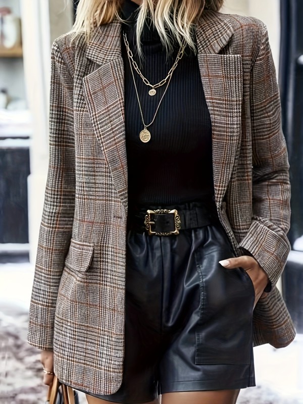 Plaid Pattern Lapel Blazer, Casual Open Front Long Sleeve Outerwear, Women's Clothing