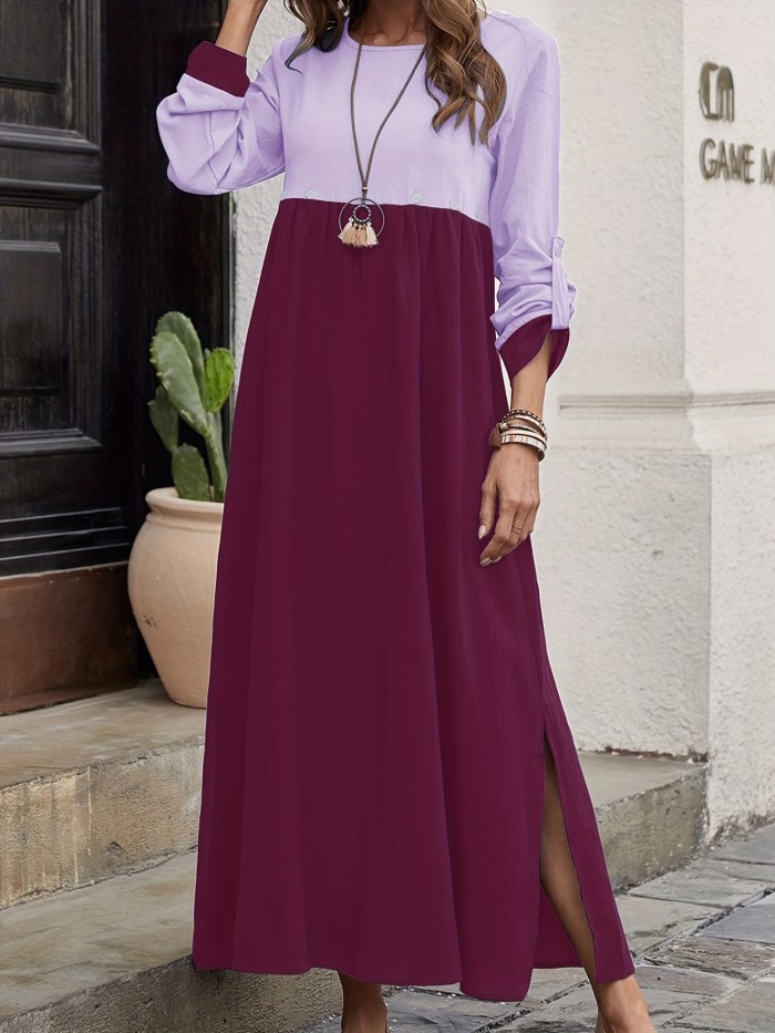 Plus Size Casual Dress, Women's Plus Colorblock Button Decor Long Sleeve Round Neck Slight Stretch Dress