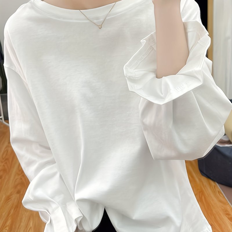 Solid Color Crew Neck T-Shirt, Casual Ruffle Lantern Sleeve T-Shirt For Spring & Fall, Women's Clothing