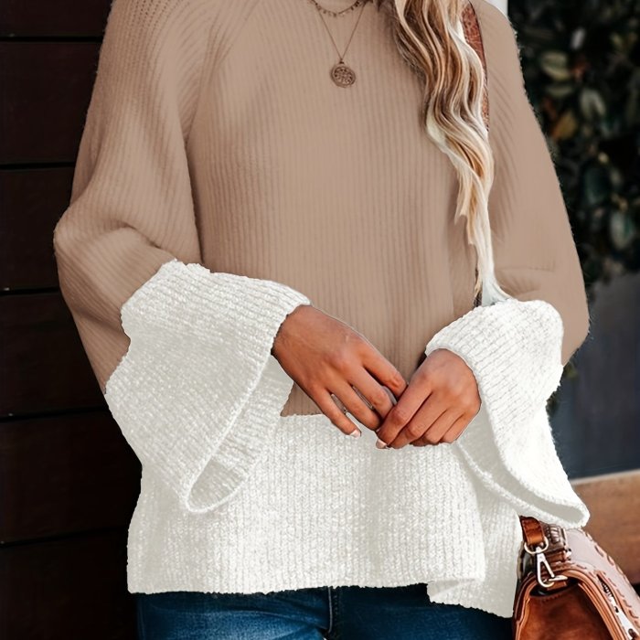Two-tone Crew Neck Pullover Sweater, Casual Bell Sleeve Sweater For Fall & Winter, Women's Clothing