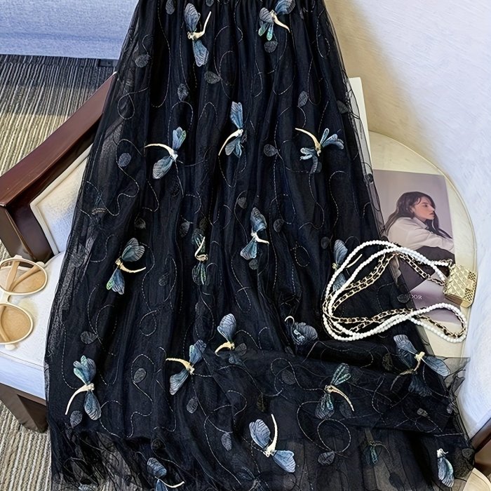 Dragonfly Applique Tulle Skirt, Casual Elastic Waist Skirt, Women's Clothing