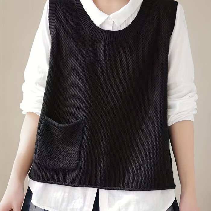 Solid Crew Neck Knitted Vest, Casual Sleeveless Loose Sweater With Pocket, Women's Clothing