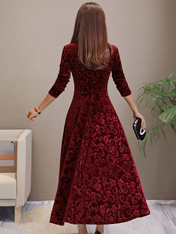 Solid Color Long Sleeve Dress, Elegant V Neck Flared Dress For Spring & Fall, Women's Clothing