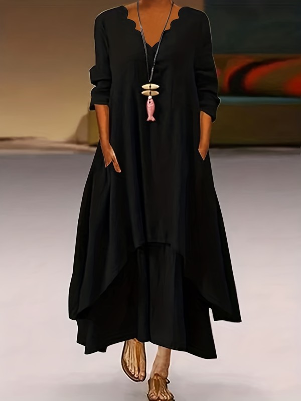 Plus Size Elegant Dress, Women's Plus Solid Long Sleeve Wavy V Neck Layered Maxi Dress With Pockets