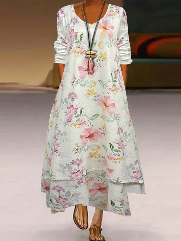 Plus Size Casual Dress, Women's Plus Floral Print Button Decor Long Sleeve V Neck Slight Stretch Maxi Dress With Pockets