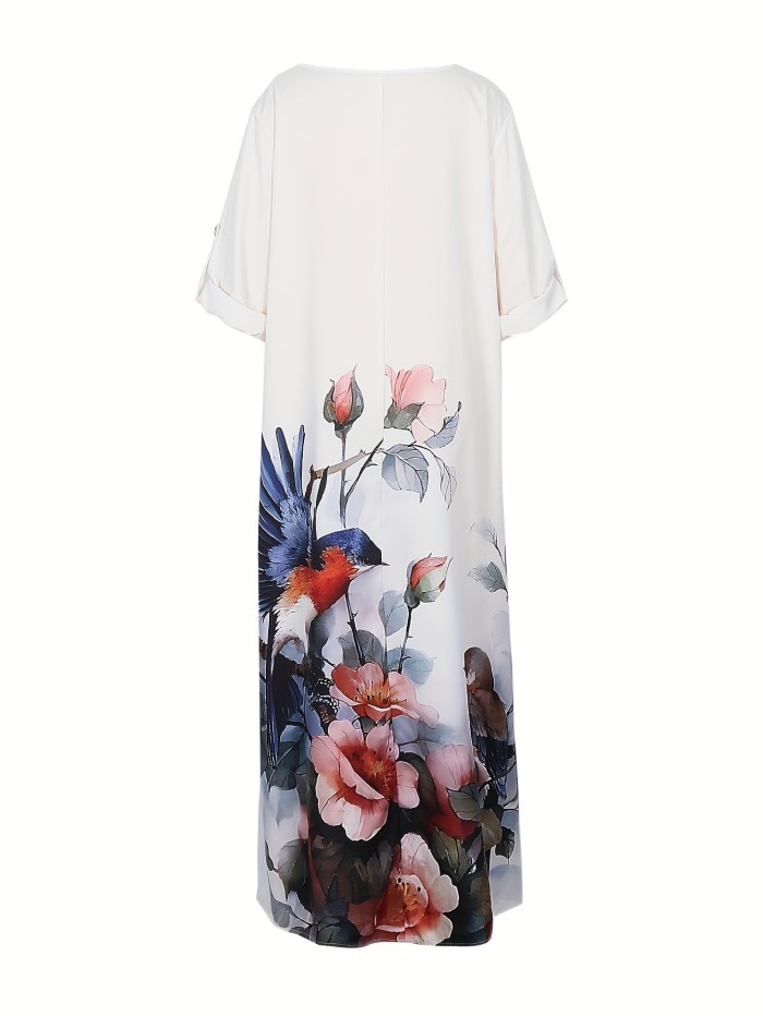 Plus Size Casual Dress, Women's Plus Painting Print Button Decor Half Sleeve Round Neck Maxi Dress