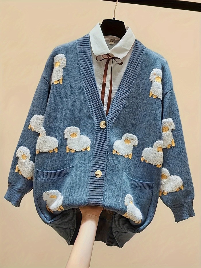 Cute Sheep Pattern Button Front Cardigan, Casual Long Sleeve Cardigan For Spring & Fall, Women's Clothing