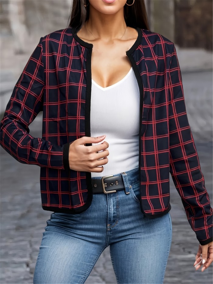 Plaid Open Front Jacket, Casual Contrast Trim Jacket For Spring & Fall, Women's Clothing