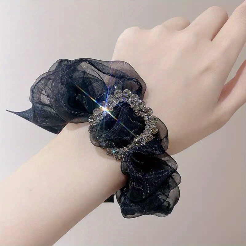 Elegant Rhinestone Square Scrunchies - Simple Styles for Women and Girls - Organza Hair Rope for Ponytail Holder and Hair Accessories