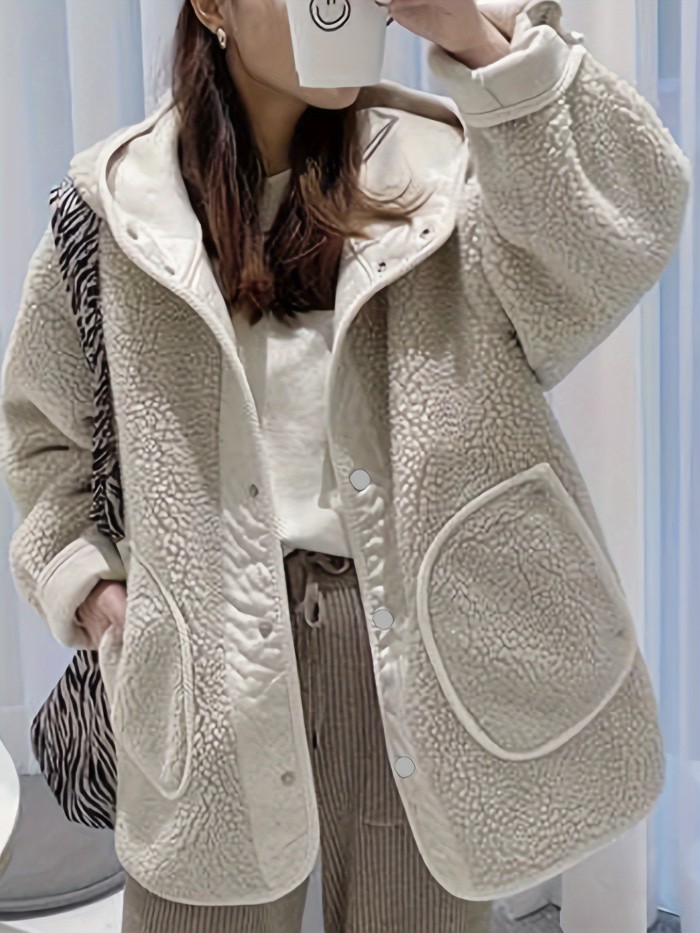 Solid Hooded Teddy Coat, Casual Button Front Long Sleeve Winter Outerwear, Women's Clothing