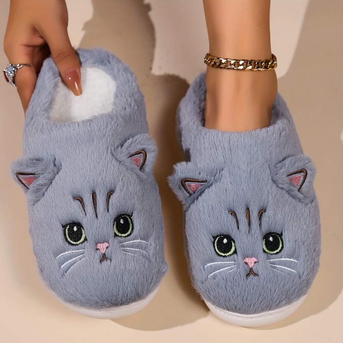 Cute Kitty Plush Novelty Slippers, Warm & Cozy Indoor Fuzzy Shoes, Women's Bedroom Slippers