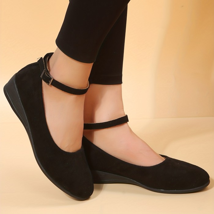 Women's Wedge Heel Ankle Strap Shoes, Solid Color Soft Sole Anti-skid Shoes, Versatile Low Heels
