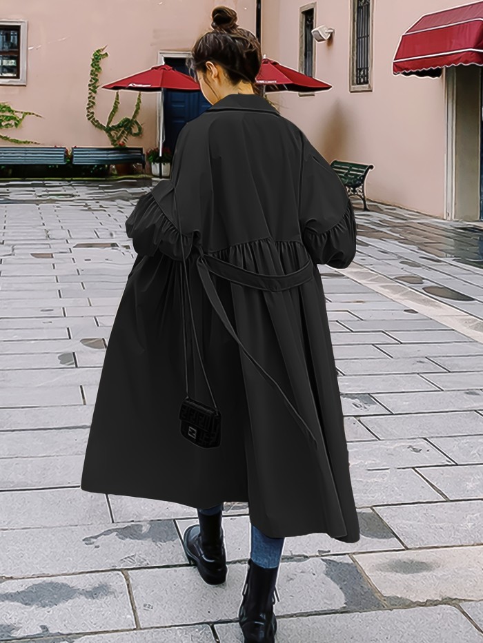 Single Breasted Ruched Trench Coat, Elegant Long Sleeve Solid Outerwear, Women's Clothing
