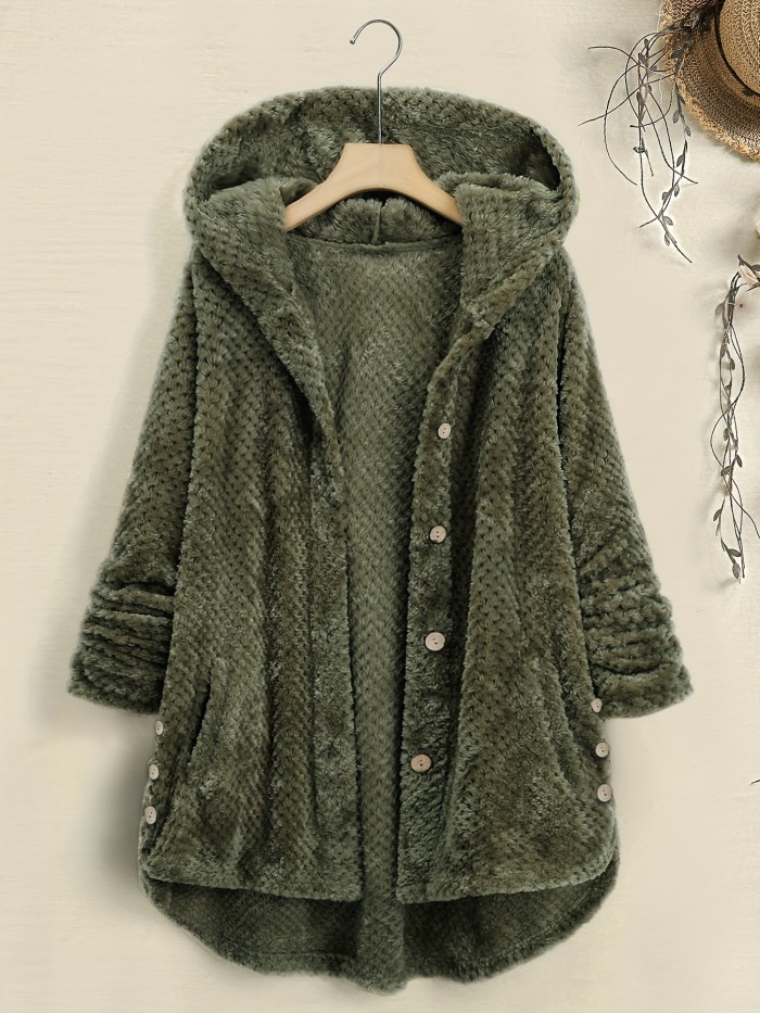 Solid Color Mid-Length Thicken Warm Blend Coat, Casual Button Front Long Sleeve Outerwear, Women's Clothing