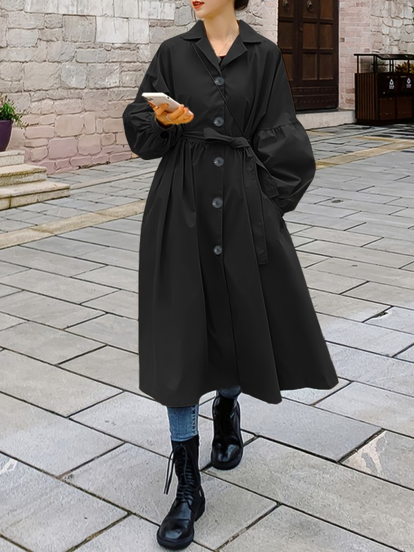 Single Breasted Ruched Trench Coat, Elegant Long Sleeve Solid Outerwear, Women's Clothing