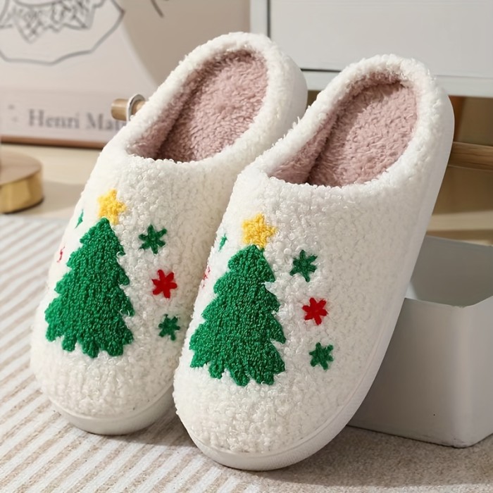 Cartoon Christmas Deer Print Slippers, Slip On Round Toe Non-slip Fuzzy Warm Home Slippers, Plush Cozy Indoor Shoes
