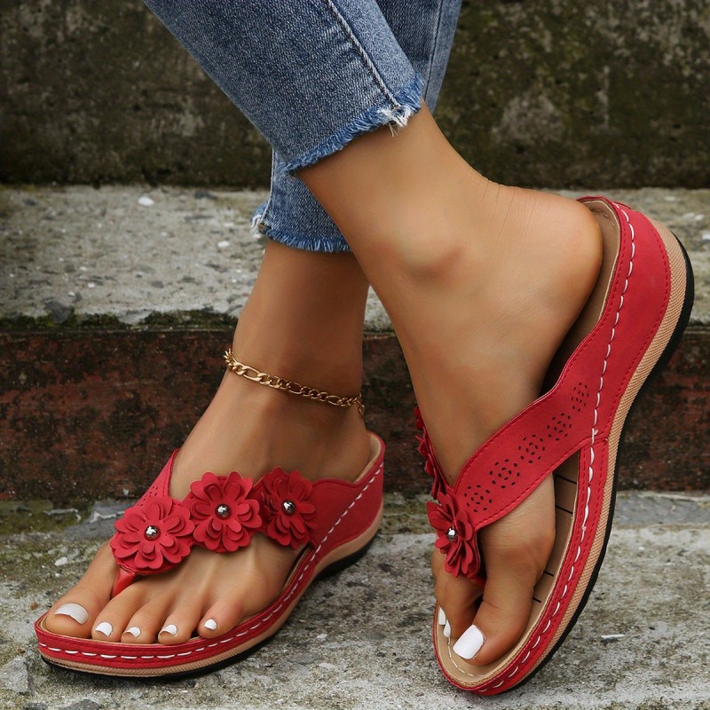 Women's Floral Wedge Sandals, Retro Solid Color Non Slip Flip Flops, Casual Outdoor Slides Shoes