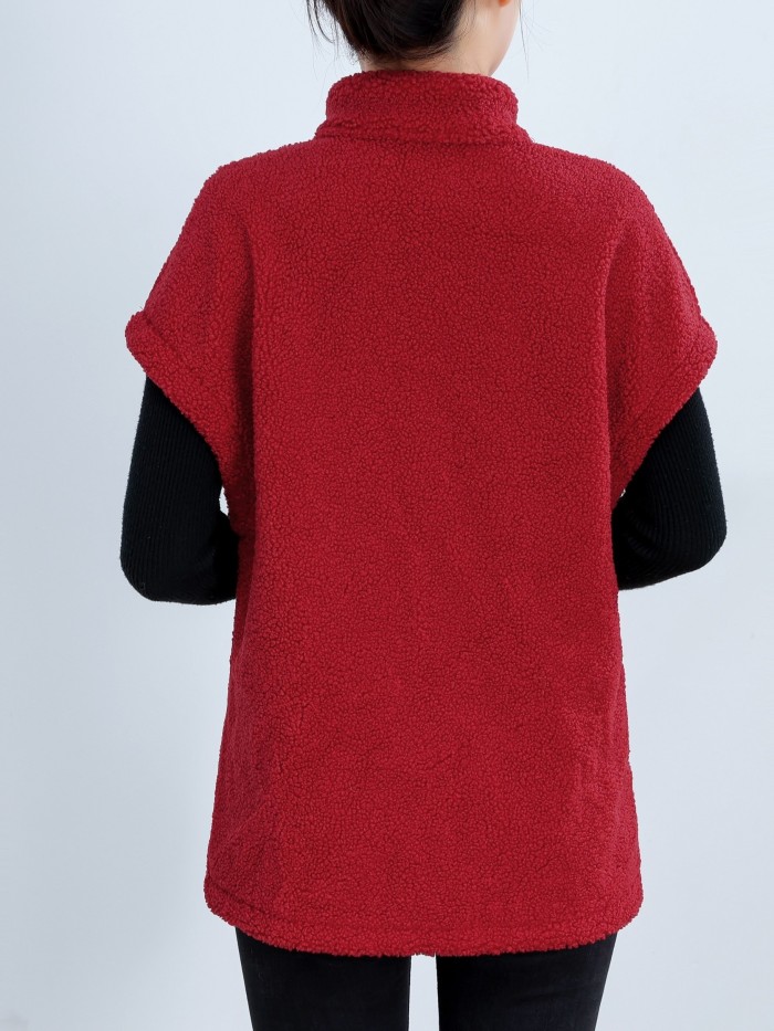 Button Front Teddy Vest, Casual Short Sleeve Solid Versatile Vest, Women's Clothing