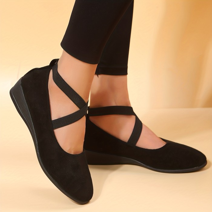 Women's Cross Strap Wedge Heels, Comfy Round Toe Slip On Shoes, Versatile Strappy Shoes