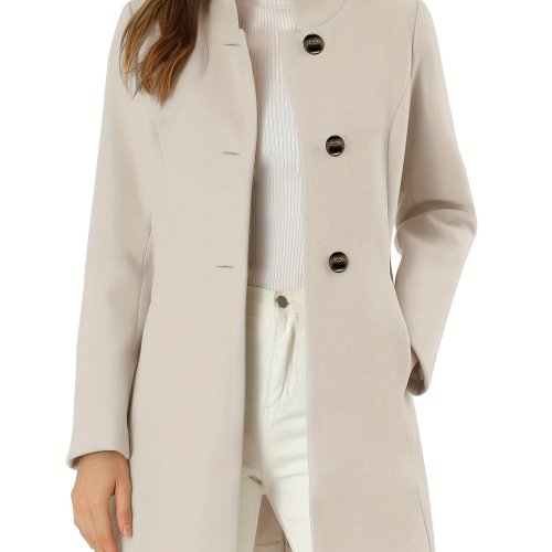 Long Sleeve Button Up Overcoat, Solid Casual Coat For Spring & Fall, Women's Clothing