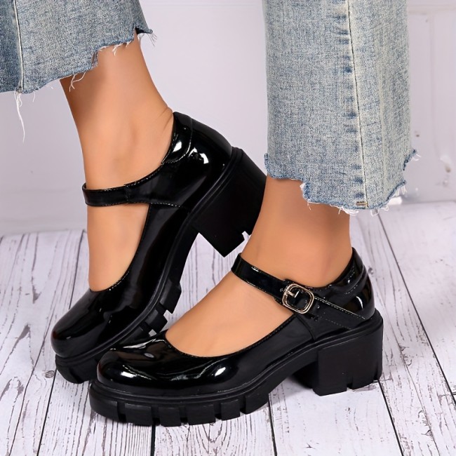 Women's Chunky Heel shoes, Solid Color Round Toe Buckle Strap Patent Leather Shoes, Versatile Dress Mid Heels