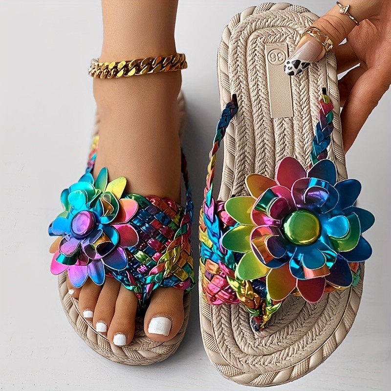 Women's Colorful Floral Decor Thong Sandals, Slip On Open Toe Non-slip Lightweight Shoes, Vacation Summer Beach Shoes