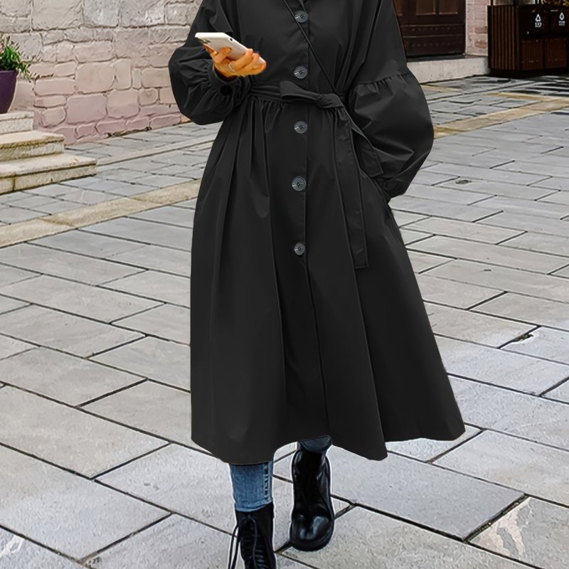 Single Breasted Ruched Trench Coat, Elegant Long Sleeve Solid Outerwear, Women's Clothing