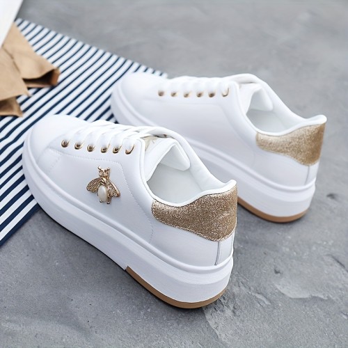 Small White Shoes, Women's 2022 Autumn New All-match Thick-soled Bee Decor Casual Skate Shoes