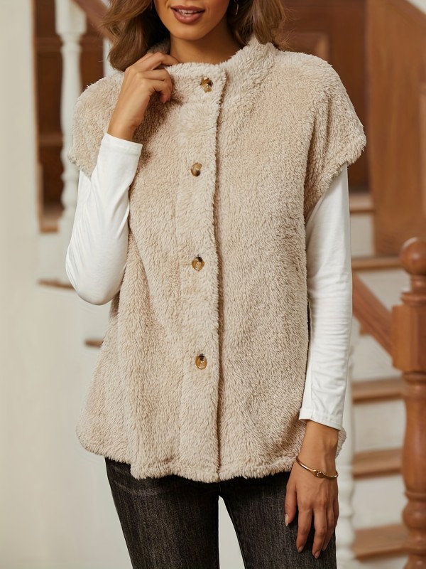 Button Front Teddy Vest, Casual Solid Winter Warm Vest, Women's Clothing