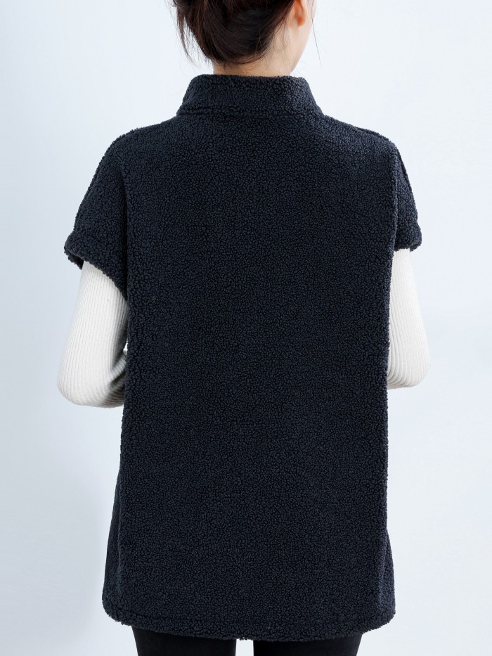 Button Front Teddy Vest, Casual Short Sleeve Solid Versatile Vest, Women's Clothing