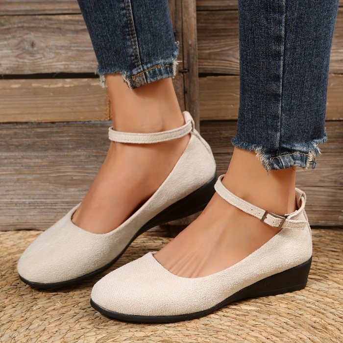 Women's Wedge Heel Ankle Strap Shoes, Solid Color Soft Sole Anti-skid Shoes, Versatile Low Heels