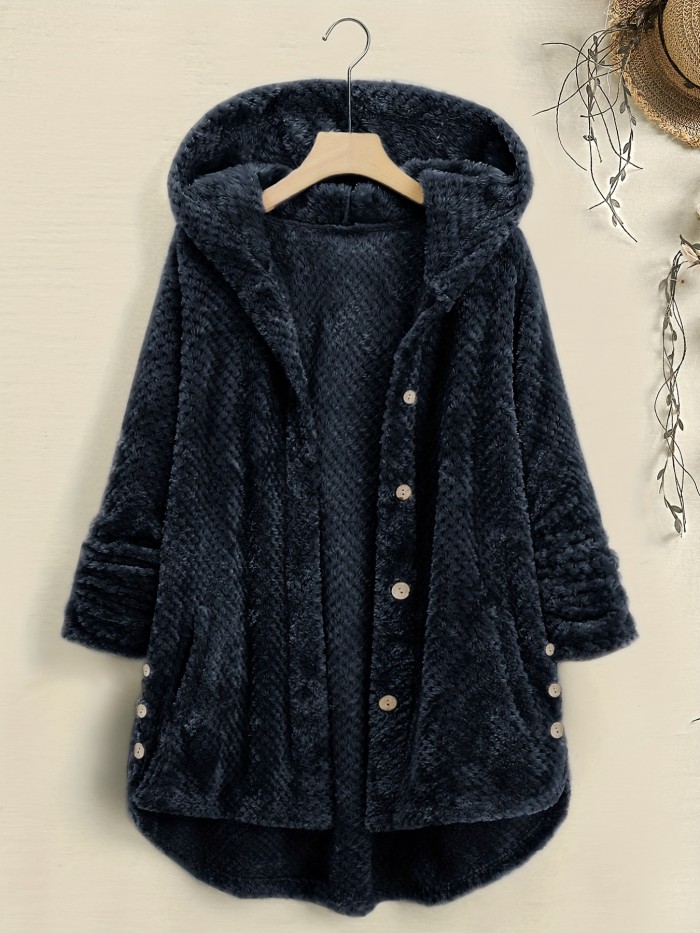 Solid Color Mid-Length Thicken Warm Blend Coat, Casual Button Front Long Sleeve Outerwear, Women's Clothing