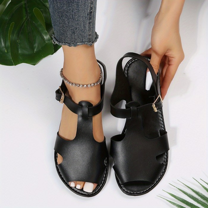 Women's Solid Color Flat Sandals, Lightweight Open Toe Buckle Strap Shoes, Women's Fashion Summer Shoes