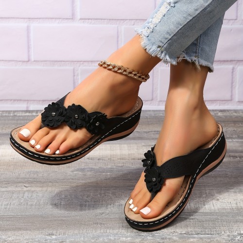 Women's Floral Wedge Sandals, Retro Solid Color Non Slip Flip Flops, Casual Outdoor Slides Shoes