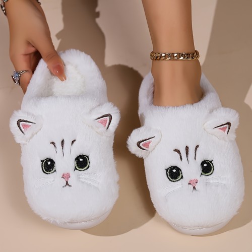 Cute Kitty Plush Novelty Slippers, Warm & Cozy Indoor Fuzzy Shoes, Women's Bedroom Slippers