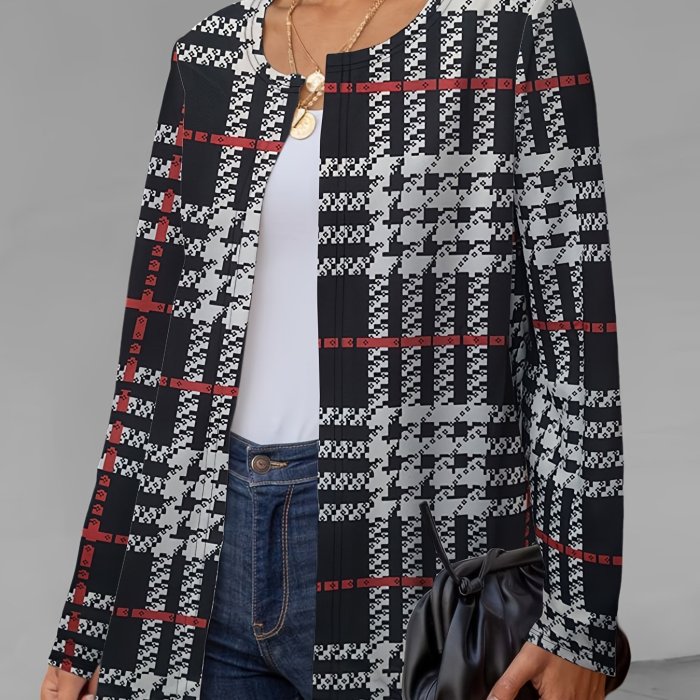 Houndstooth Print Open Front Jacket, Casual Long Sleeve Versatile Outerwear, Women's Clothing