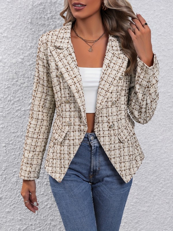 Double Breasted Decor Open Front Blazer, Elegant Lapel Slim Long Sleeve Blazer For Office & Work, Women's Clothing