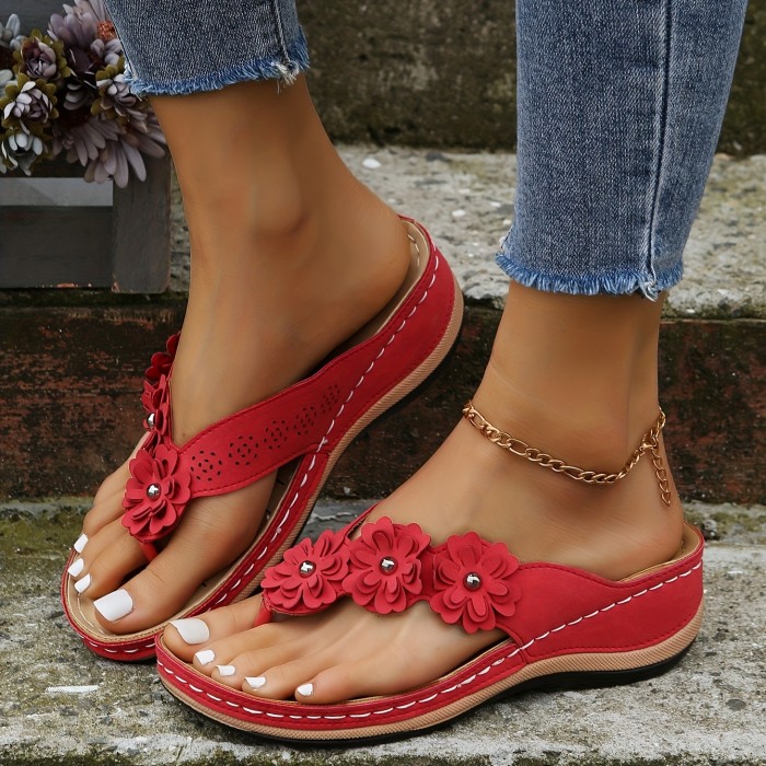 Women's Floral Wedge Sandals, Retro Solid Color Non Slip Flip Flops, Casual Outdoor Slides Shoes