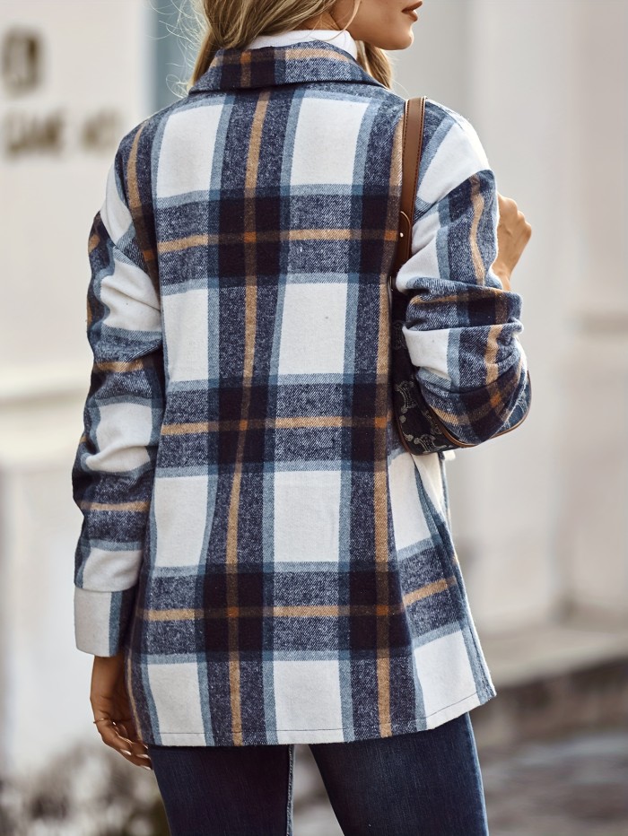 Plaid Print Shacket Jacket, Casual Button Front Long Sleeve Outerwear, Women's Clothing