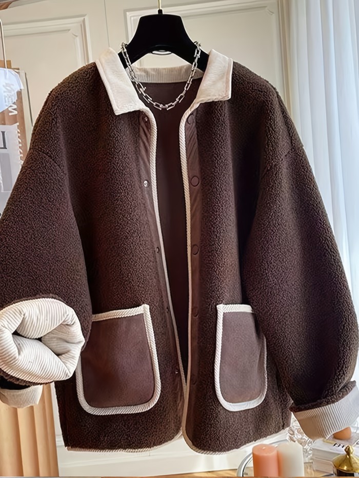 Pocket Front Teddy Coat, Casual Drop Shoulder Long Sleeve Outerwear, Women's Clothing