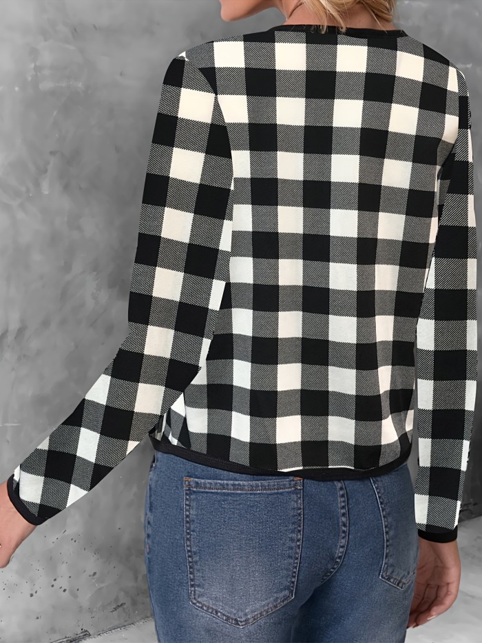 Plaid Open Front Jacket, Casual Contrast Trim Jacket For Spring & Fall, Women's Clothing