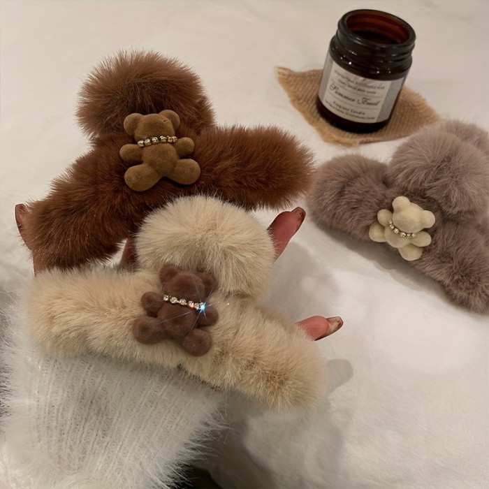 1\u002F2\u002F3 Pcs Cute Plush Hair Clip With Bear Decor, Fashionable Elegant Strong Hold Hair Claw For Thick Curly Straight Hair, Cute Plush Clip Styling Accessories For Women Girls