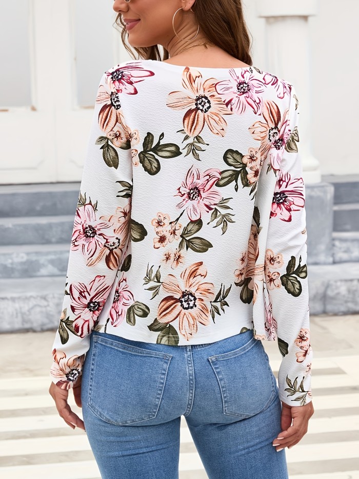 Floral Print Open Front Cardigan, Casual Crew Neck Long Sleeve Outerwear, Women's Clothing