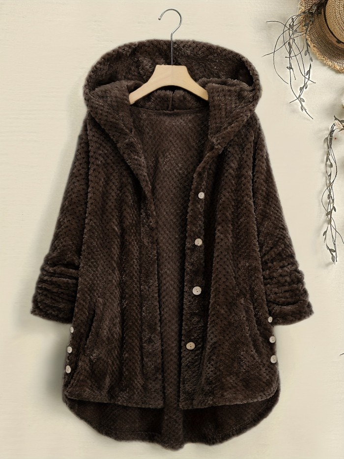 Solid Color Mid-Length Thicken Warm Blend Coat, Casual Button Front Long Sleeve Outerwear, Women's Clothing