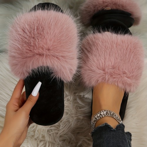 Fluffy Furry Indoor Slippers, Open Toe Plush Sole Flat House Shoes, Comfy Warm Home Slippers