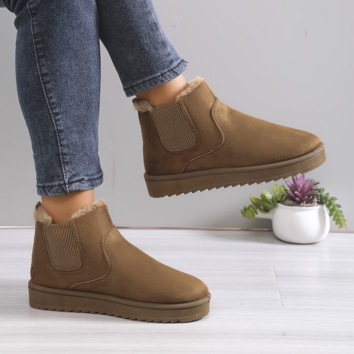 Women's Plus Fleece Snow Boots, Winter Warm Slip On Flat Short Boots, Thermal Solid Color Outdoor Ankle Boots