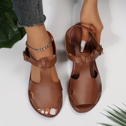 Women's Solid Color Flat Sandals, Lightweight Open Toe Buckle Strap Shoes, Women's Fashion Summer Shoes